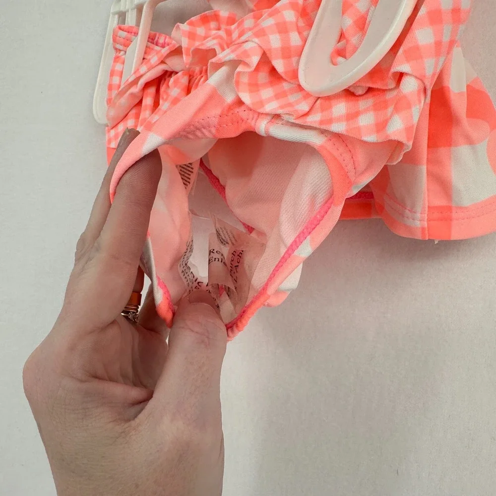 Carter's 2 Piece‎ Swimsuit Set Girls 6M Neon Pink White Gingham Ruffle Beach NWT